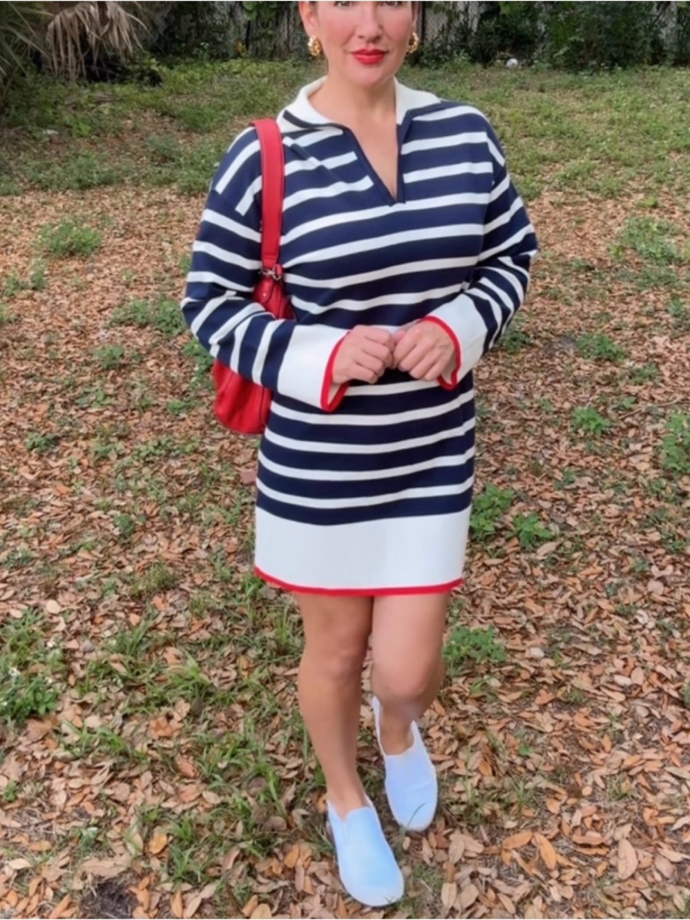 Navy & White Striped Knit Polo Dress with Red Accents - Picture 4 of 5
